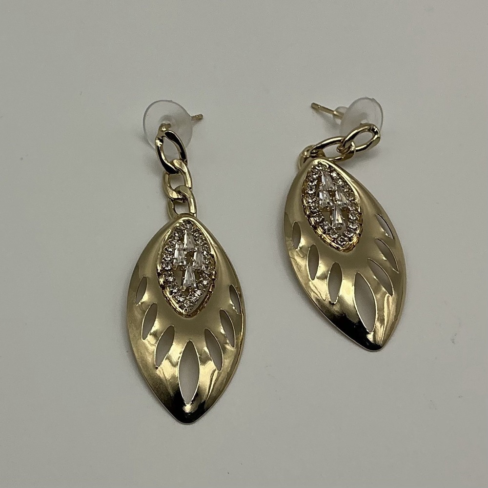 18K Gold Plated Leaf Dangle Earrings Clear Crystal Brass Waterproof 2"
